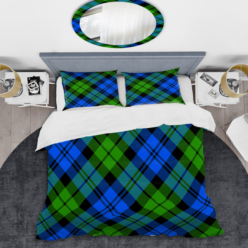 Tartan à carreaux vert et bleu - Ensemble de housse de couette abstrait - Microfibre de polyester