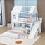 Lit superposé simple au dessus d'un lit double avec glissoire et tablettes de rangement-129448459