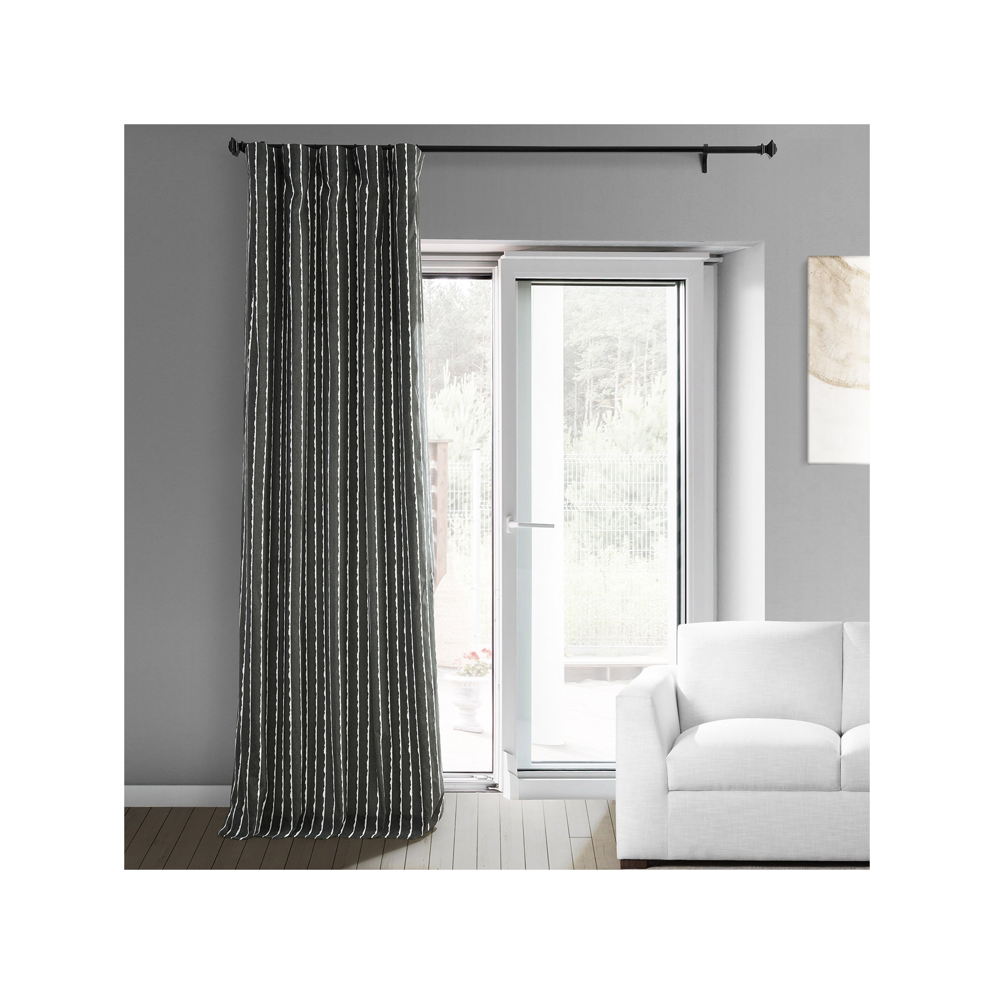 Contemporary Brushstroke Chic Stripe Printed Cotton Room Darkening Curtains - Single Panel, White/Black, 50" W x 84" L