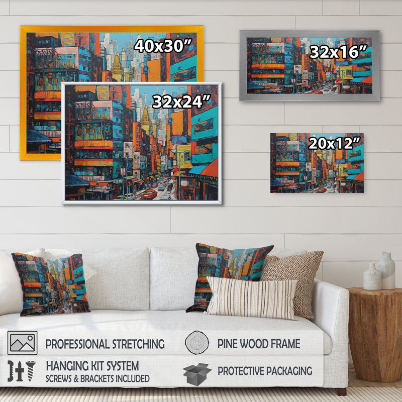 «Orange and Blue Metropolitan Marvels», reproduction sur toile encadrée, H 12 po x l 20 po x P 1 po, Cadre flottant doré