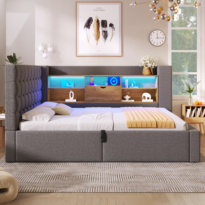 L-Shaped Linen Bed with LED & Charging Ports, Hydraulic Storage, 2 Color Options