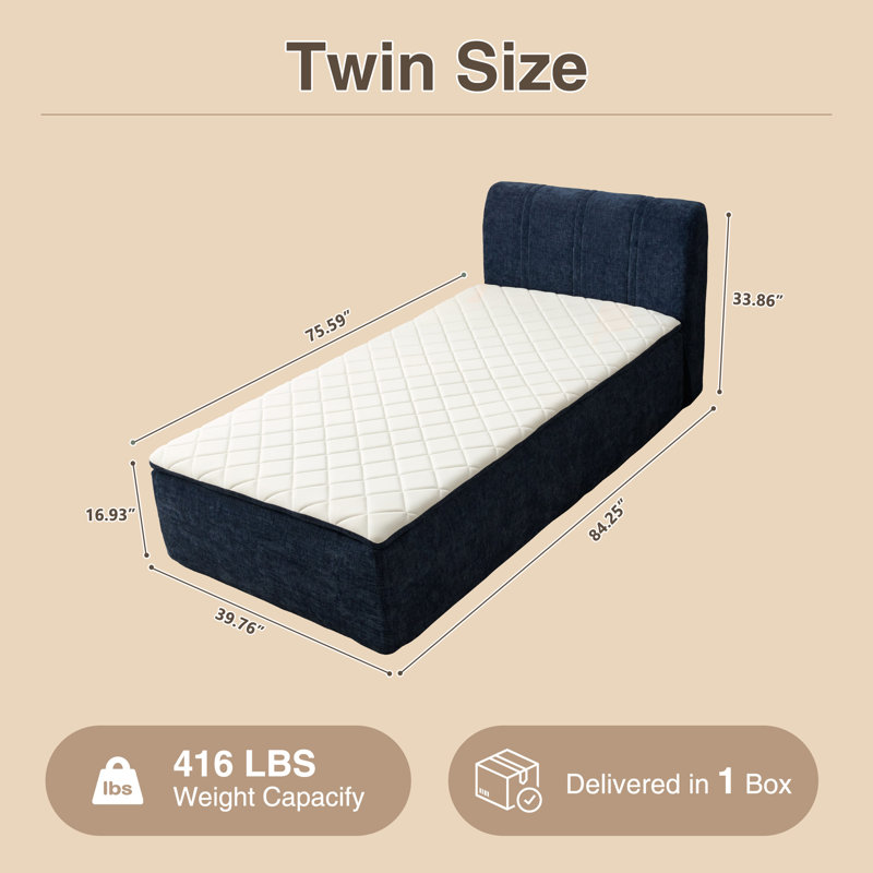 Lit tapissier en chenille moderne avec tête de lit, lit bas à profil bas, aucun assemblage requis, Bleu très foncé