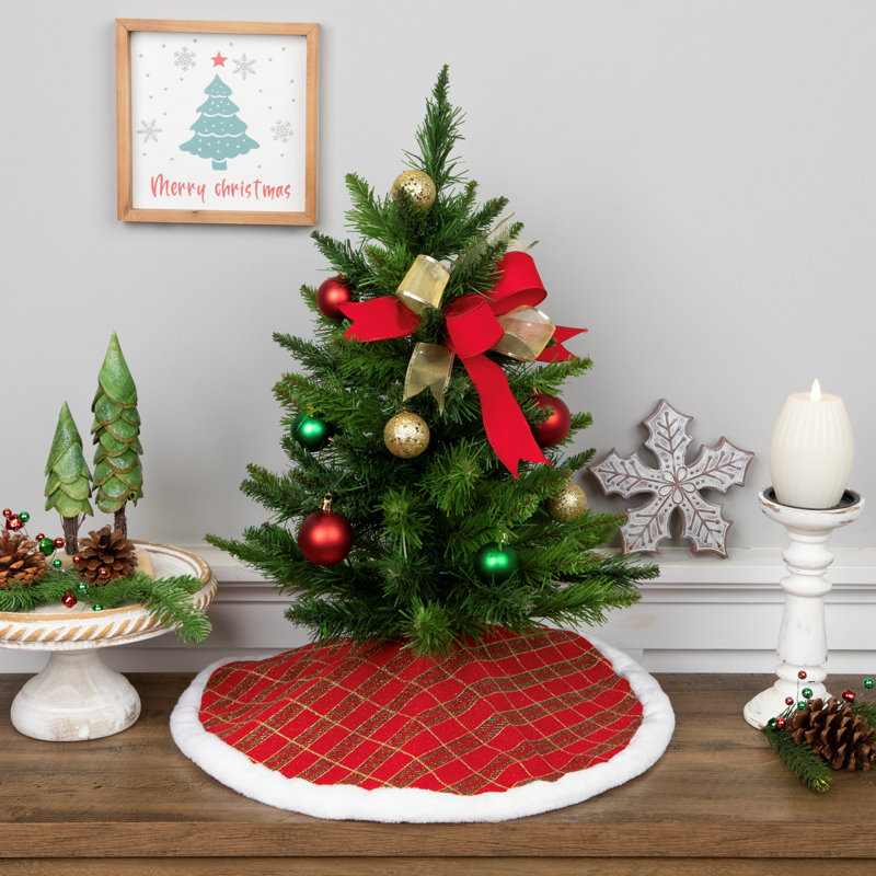 20" Red and Gold Plaid Glittered Mini Christmas Tree Skirt