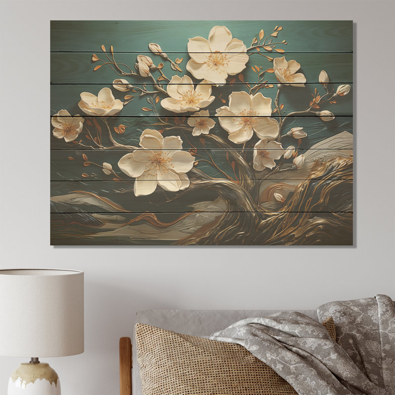 White And Gold Charming Spring Flower Elegance II - Flowers On Wood Print, 10" H x 20" W x 0.78" D