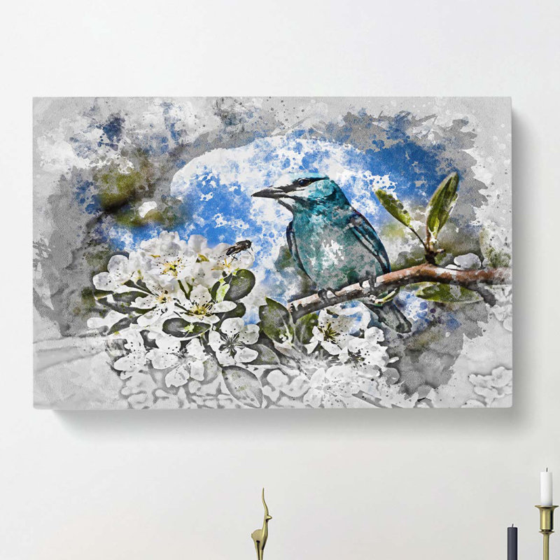 Blue Bird & Cherry Blossom Tree In Abstract - Wrapped Canvas Painting, 60cm H x 91cm W x 3cm D