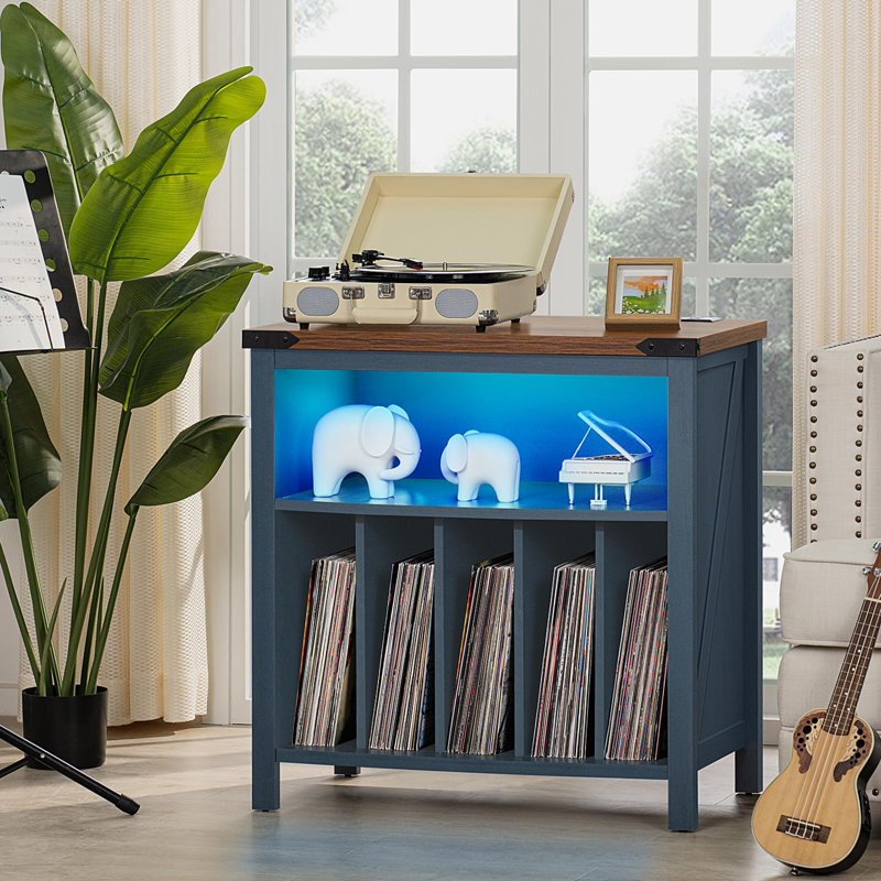 Large Record Player Stand with Charging Station, LED Lights & Vinyl Storage Cabinet for 230 Albums, Blue
