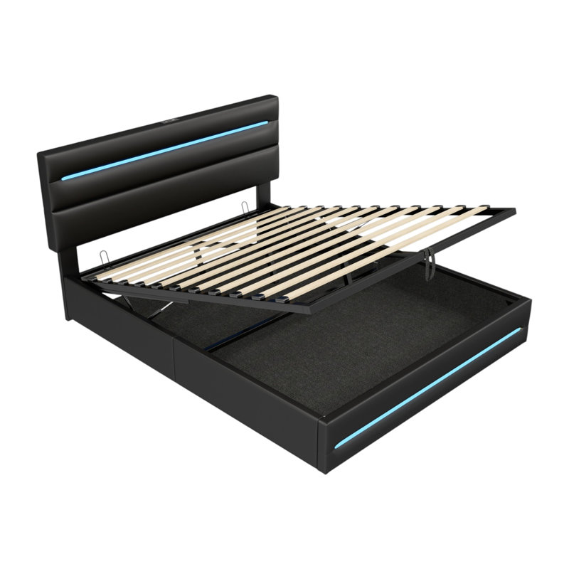 Black PU Upholstered Bed Frame With Hydraulic Storage, Ottoman Bed With LED Lighting And Charging Station, LED Adjustable Headboard With USB And Type - C Ports