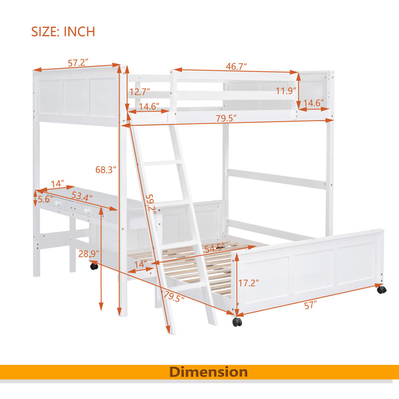 Lit superposé avec bureau, Lit superposé double sur double, Blanc
