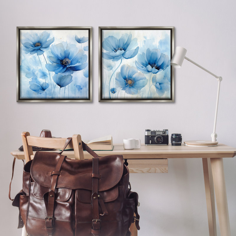  Ensemble de 2 toiles flottantes saturées "Blue Blossoms" par Irena Orlov, H 25 po x l 25 po, Cadre flottant gris lustré