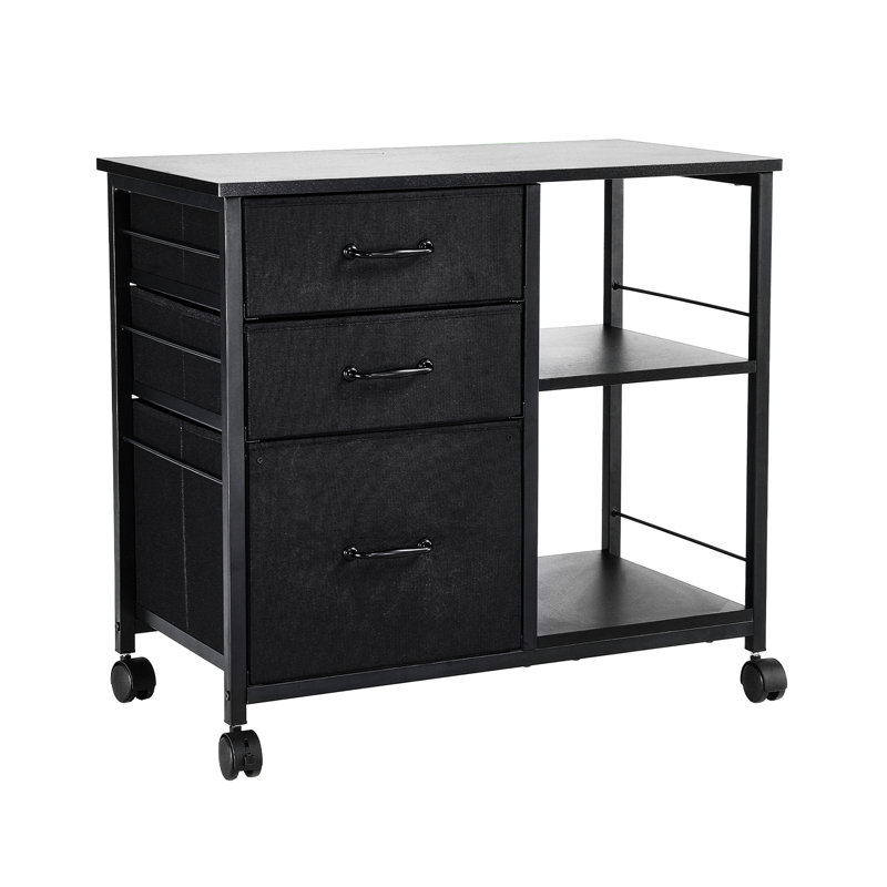 Classeur en métal noir avec 3 tiroirs en tissu non tissé et 2 tablettes ouvertes, accès rapide aux documents de bureau, mobile verrouillable en bon état pour catégoriser les petits articles, structure stable
