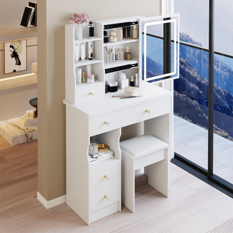 Bedside Vanity Table with Cushioned Stool, Sliding Touch LED Mirror (Tri-Color & Brightness Adjustable), Power Station (2 AC + 2 USB ), and Hair Dryer Bracket