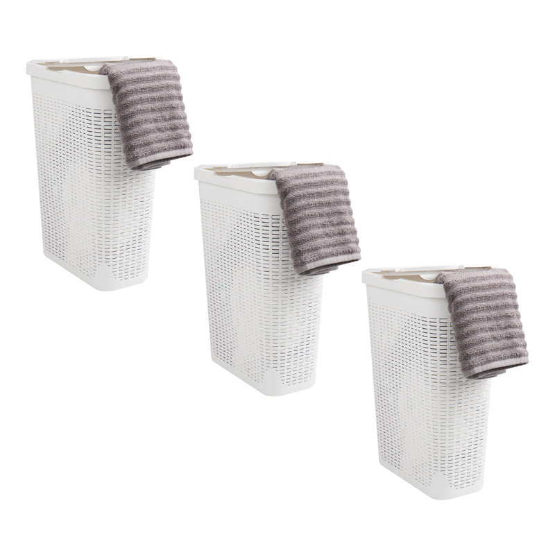  40L Slim Laundry Hamper, Clothes Basket, Lid, Wicker Design, Plastic, Set of 3, 23.5" H x 10.4" W x 18" D, White