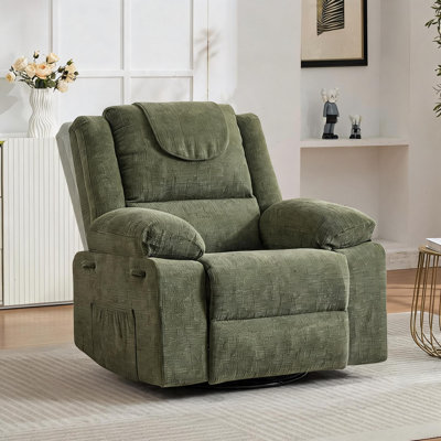 Fauteuil inclinable pivotant à bascule avec massage et chaleur pour adultes, revêtement en lin respirant, pivotement à 360°, inclinaison à 150°, 8 points de vibration, poches de rangement latérales