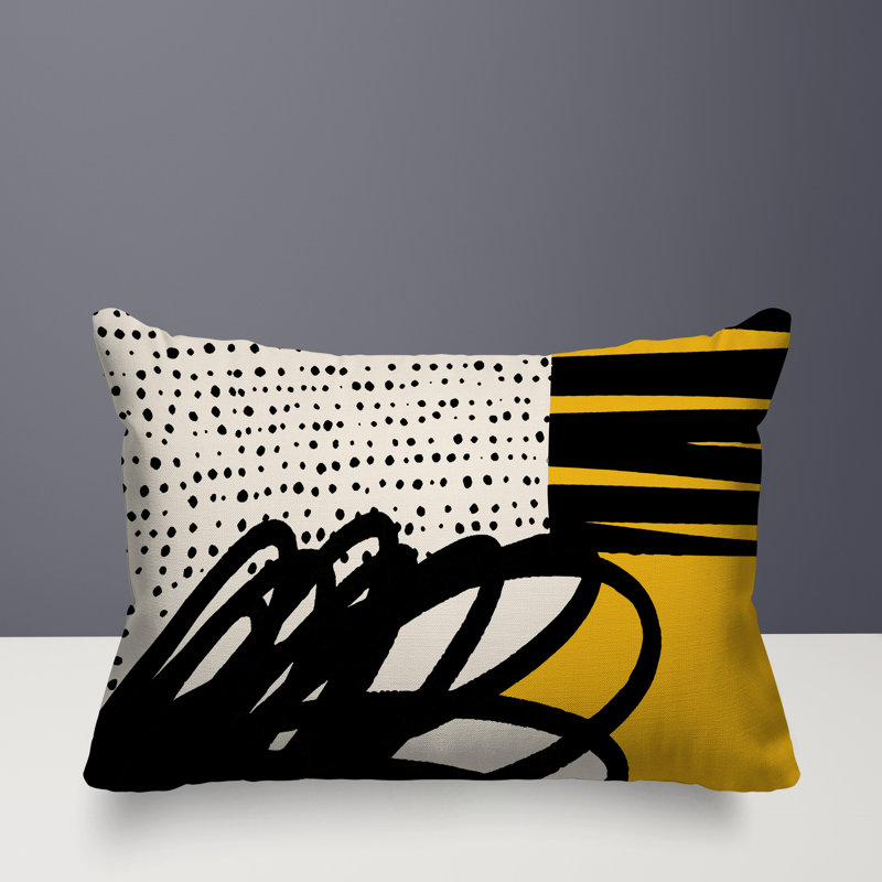 Oreiller rectangulaire réversible intérieur / extérieur Jofre, Jaune / noir / blanc cassé, H 14 po x l 20 po