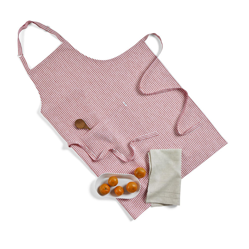 Linen Full Midi Apron - 100% Pure Linen Apron, Red/White