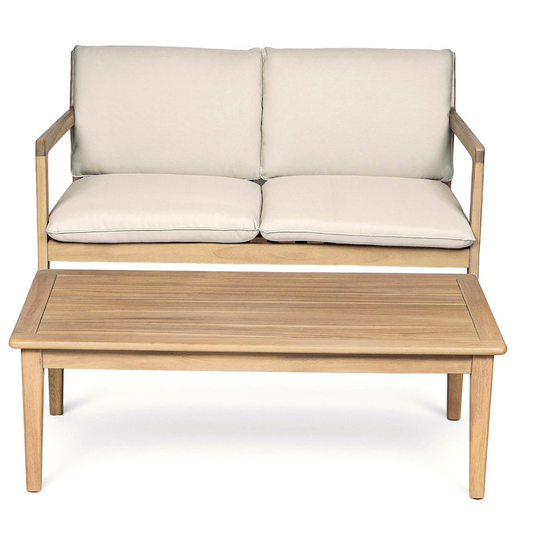 Causeuse d'extérieur en bois d'acacia avec table basse, structure en teck clair, coussin beige