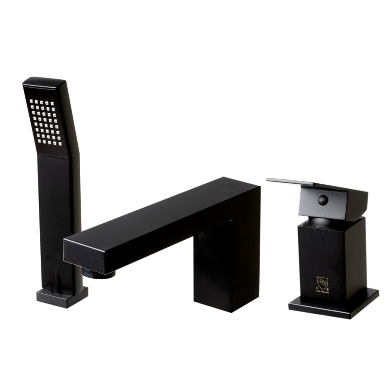 Black Matte Modern Deck Mounted Tub Filler with Handheld Shower