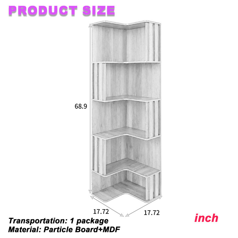 Bibliothèque d'angle à 5 niveaux avec chicane cannelée, présentoir en forme de L, support de rangement autoportant pour bureau à domicile, salon, chambre à coucher, cuisine