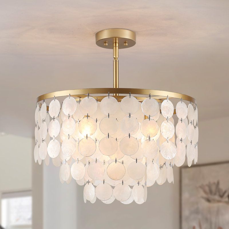 Plafonnier semi-encastré en laiton Capiz, 5 lumières, 12.6" H x 17.72" W x 17.72" D
