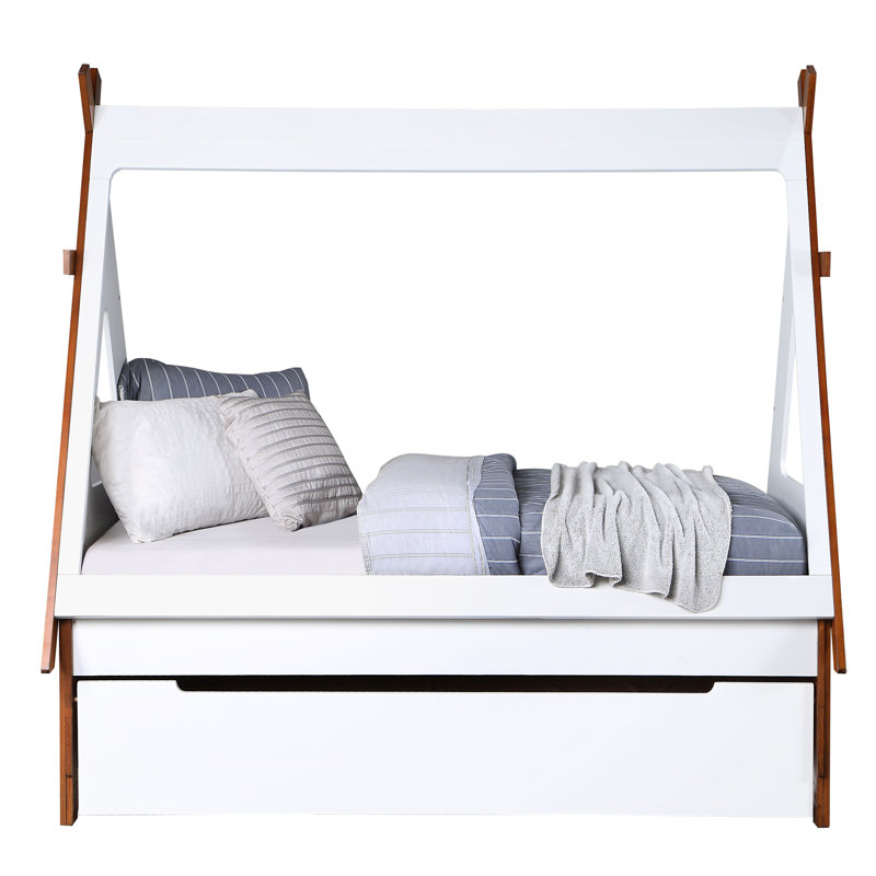 Lit simple en bois en forme de tente chêne et blanc, structure de style tipi pour chambre d'enfant