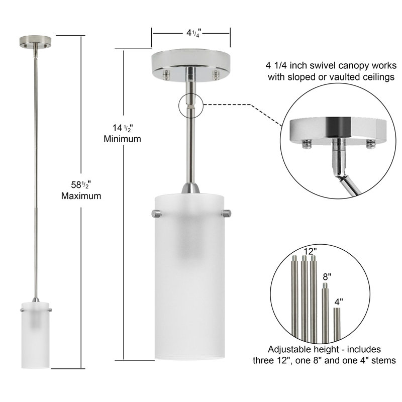 Luminaire suspendu cylindrique à 1 lumière Angelina, Polished Chrome, Frosted, Small Shade