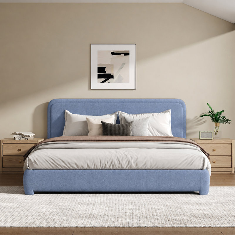 Lit plateforme tapissier Bensu Boucle, Très grand lit, Bleu
