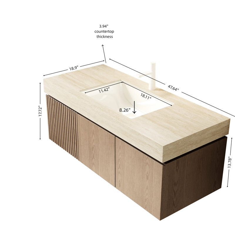 Meuble-lavabo flottant 48 po avec lavabo en céramique, comptoir en pierre frittée, 2 portes et 1 tiroir, système de porte à tiroir à fermeture en douceur