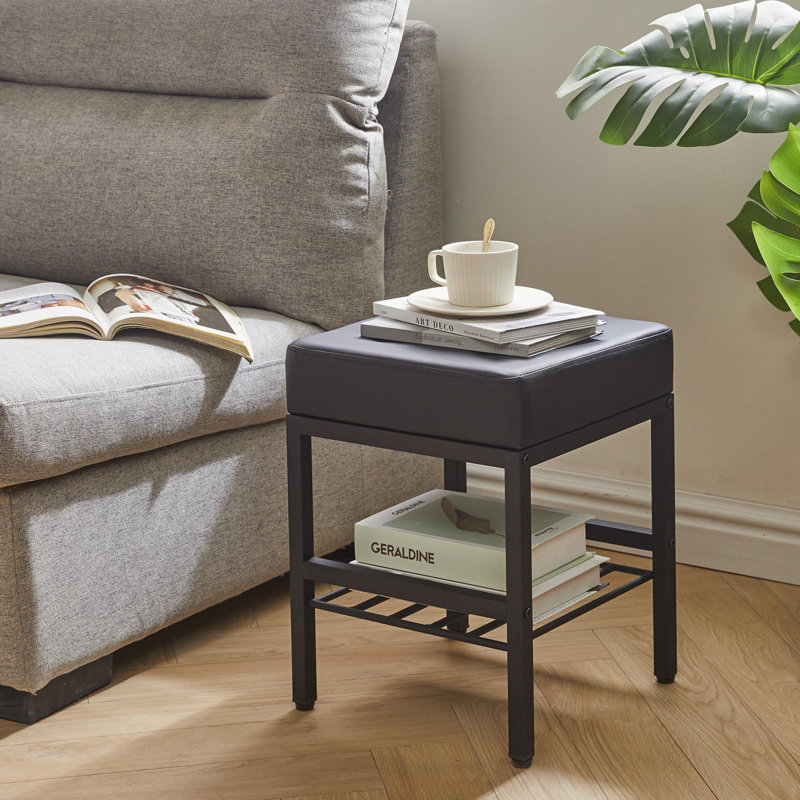 Black PU Cushion Square Vanity Stool with Adjustable Feet and Storage Space