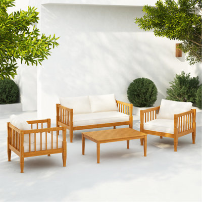 4-Piece Patio Furniture Set, Outdoor Furniture With Coffee Table, Patio Conversation Set Deep Seating With Thick Cushion For Backyard Porch Balcony,Teak Finish