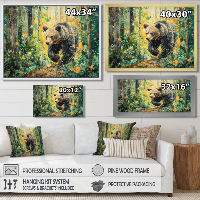 Ours dans la forêt printanière II - ours, art mural, Noir, H 12 po x l 20 po, Cadre flottant