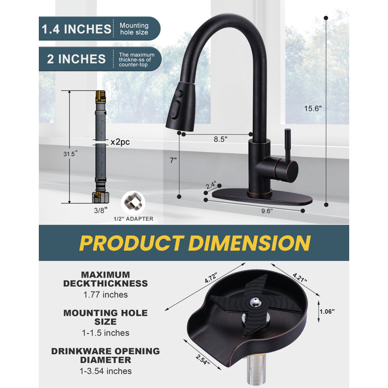 ARCORA Single Handle Stainless Steel Pull-Down Kitchen Faucet with Deckplate and Glass Rinser Combo, Oil Rubbed Bronze