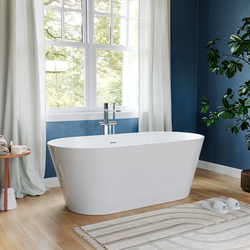 Baignoire autoportante en acrylique moderne - Baignoire de trempage blanche brillante avec bonde pré-percée et trop-plein