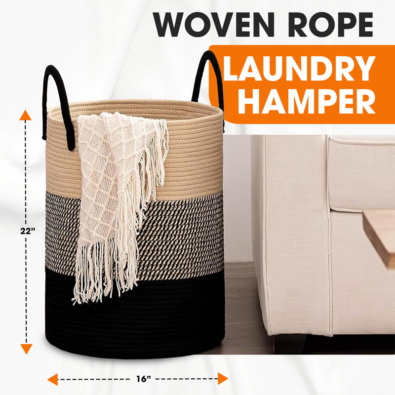  Grand panier à linge en coton tissé avec poignées, Noir