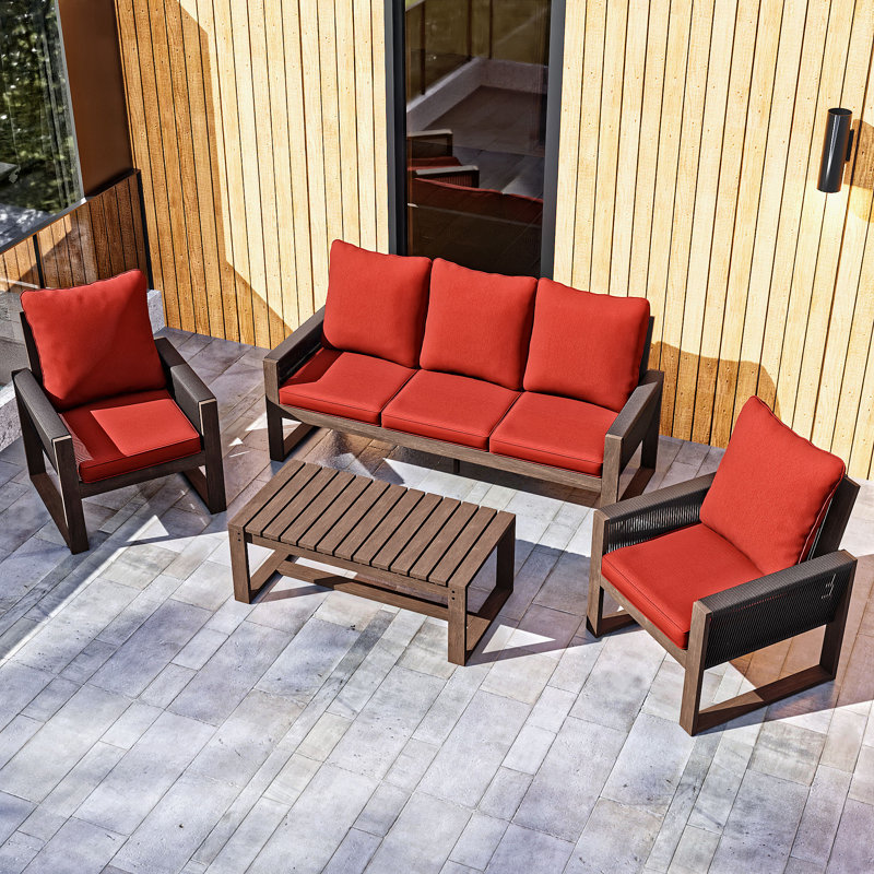 Ensemble de conversation pour 5 personnes avec table basse, 2 fauteuils et coussins rouges, Rouge