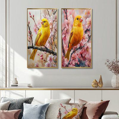 Poireau doré parmi les arbres en fleurs roses III - animaux, art mural 2 pièces