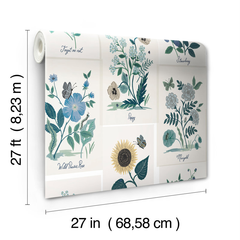 Rouleau de papier peint lisse L 27 po x l 27 po Botanical Prints, Blanc / Bleu