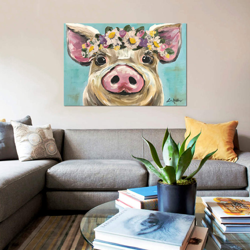 « porc avec fleur couronne sur turquoise » par hippie hound studios, impression sur toile tendue, Toile tendue, Pas de tapis