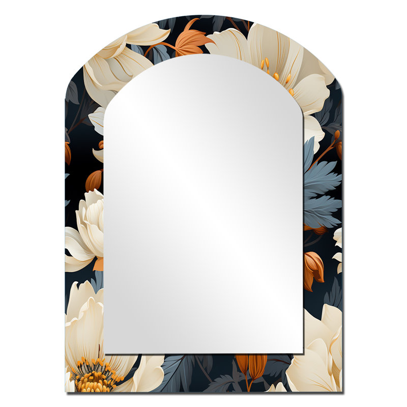 Panavista Magn magnifique fleurs de magnolia - grand miroir asymétrique floral, miroir mural décoratif en arche de campagne, impression d'art en métal