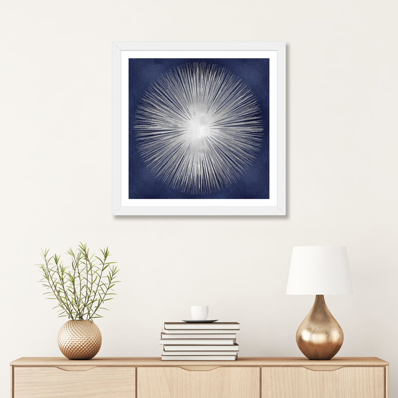 «Silver Sunburst On Blue I» par Abby Young - impression d'art graphique, H 16 po x l 16 po x p 1 po, Papier encadré blanc