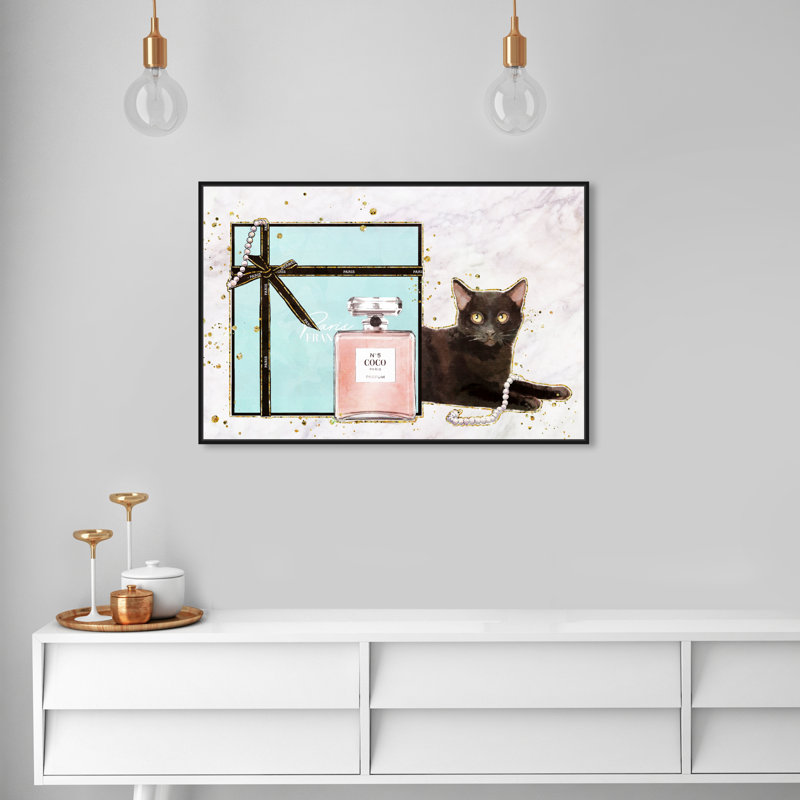 Cat Glam Blue Box - impression sur toile, H 24 po x l 36 po, Cadre flottant noir