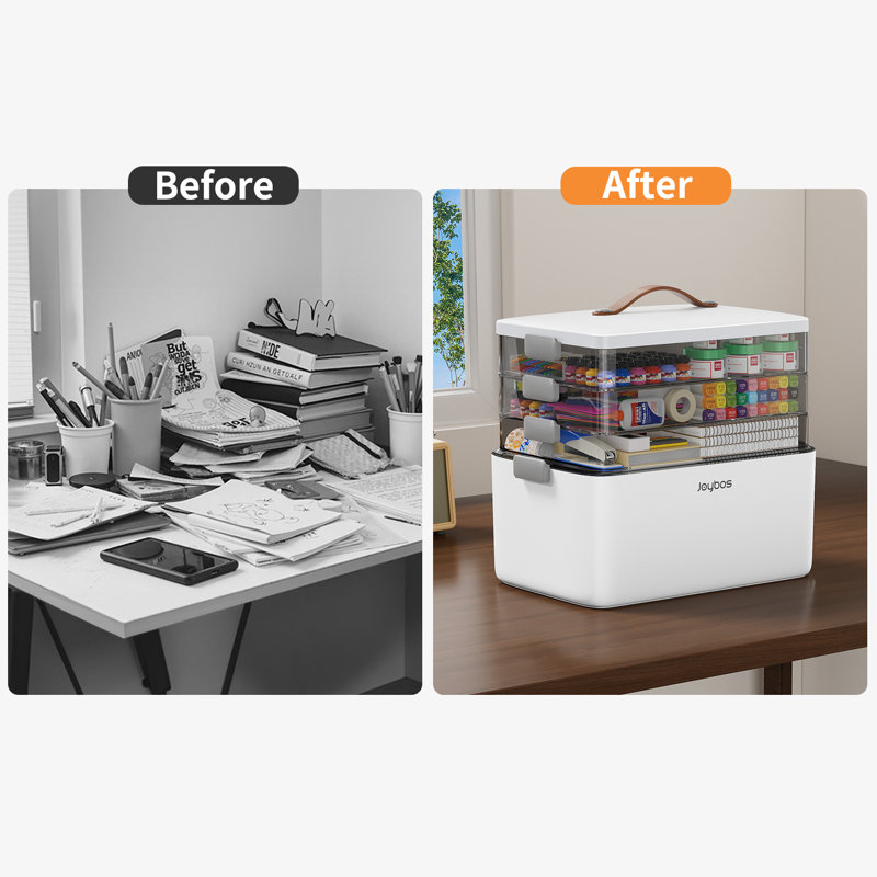 JOYBOS 4-Tier Storage Bin, Multi-Functional Organizer With Leather Handles – Portable Home Storage For Toys, Stationery Plastic Desk Organizer