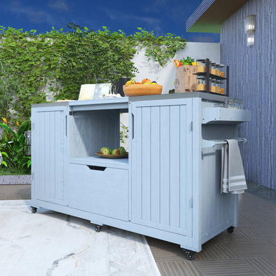 Outdoor Kitchen Island For Big Green Egg Grills, Solid Wood Outdoor Grill Cart For Tabletop Grill With Stainless Steel Top