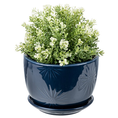 Round Blue Ceramic Flower Pot Planter