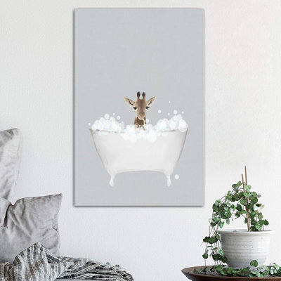 Giraffe Blue Bath by Leah Straatsma - Wrapped Canvas Painting