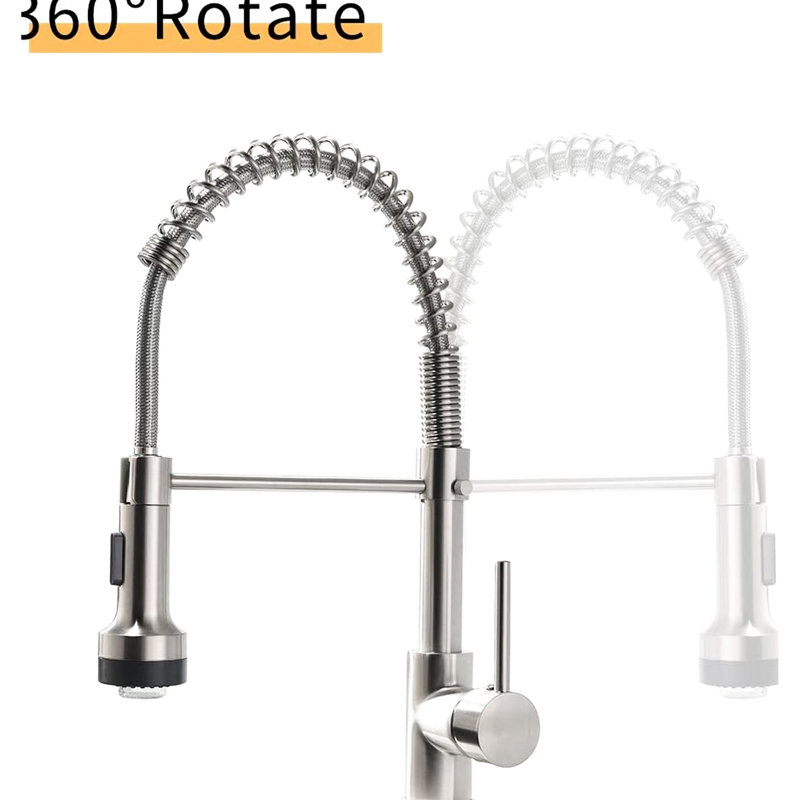 Robinet de cuisine à DEL avec douchette rétractable, nickel brossé, poignée simple, évier escamotable et évier de salle de bain, rotatif