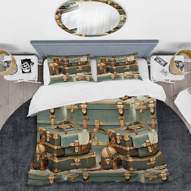 Ensemble de housse de couette Gold Popart Chic Designer Luggage - Glam, Housse de couette pour grand lit et 2 taies décor