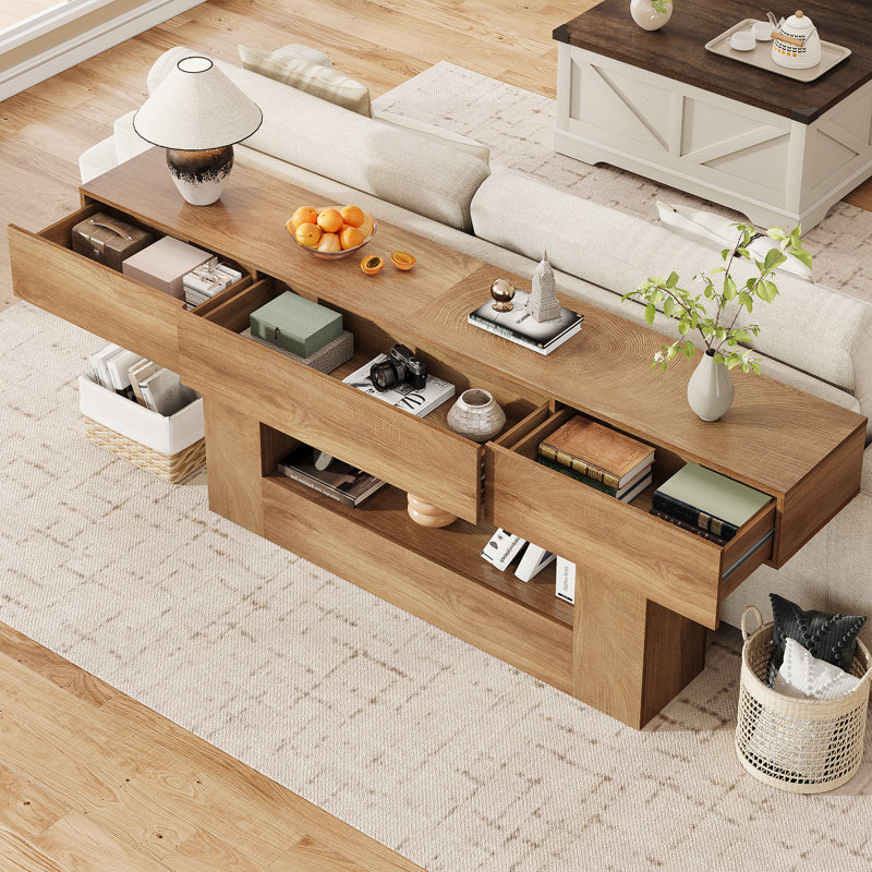 Console extra longue de 78,7 pouces avec 3 tiroirs et une tablette de rangement ouverte, 79 po, Bois de chêne