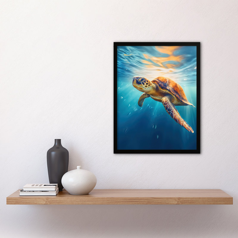 Sea Turtle Barbados Marine Swimming Blue Clear Water - Single Picture Frame Print