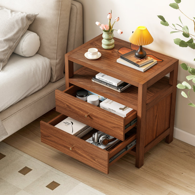 Table de chevet moderne à 2 tiroirs en bois avec tablette ouverte, table de chevet en noyer