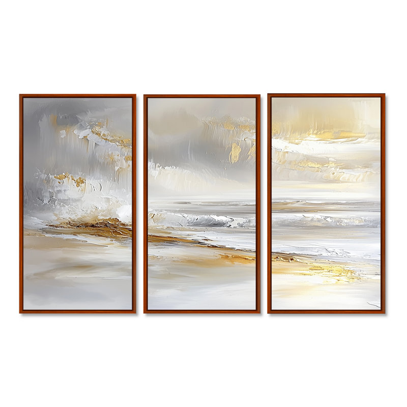 Minimalisme, plage dorée pure I, art mural plage, 3 panneaux, H 32 po x l 48 po, Impression encadrée sans passe-partout, Brun